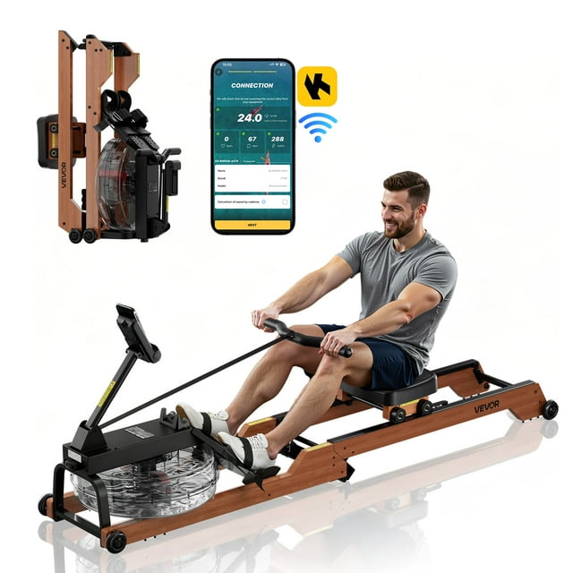 VEVOR Water Rowing Machine, 6-Level Quiet Resistance, Wooden Foldable Rower Machine with 14L Water Tank & LCD Monitor, Bluetooth App Compatible, 350LBS Weight Capacity, Immersive Row Machines for Home