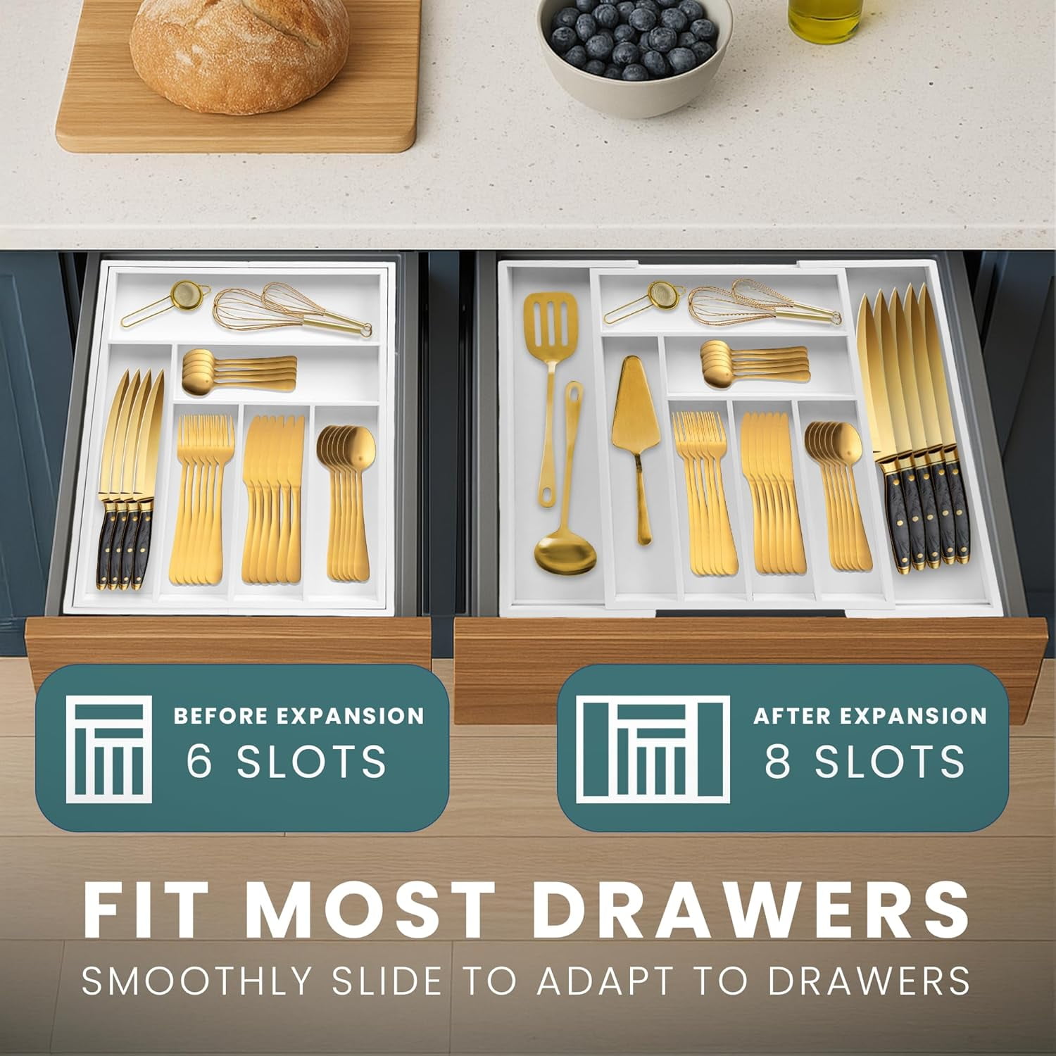 Sben Expandable Drawer Organizer for Utensils Holder, Adjustable Cutlery Tray, Wood Drawer Dividers Organizer for Silverware, Flatware, Knives for Kitchen (White)