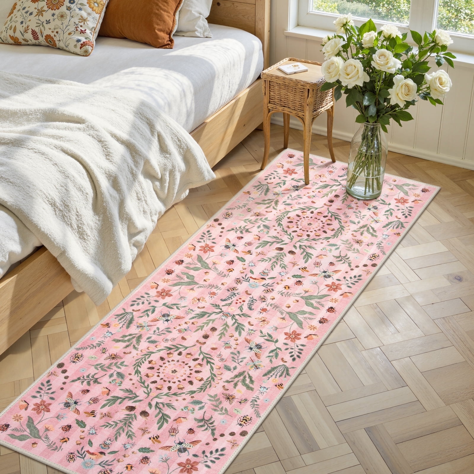 Wonnitar 2x6 Insect Kitchen Runner Rug, Ultra Thin Pink Boho Floral Runners for Hallway, Soft Low Pile Washable Runner Rugs, Non Slip Rug Runner for Entryway Laundry