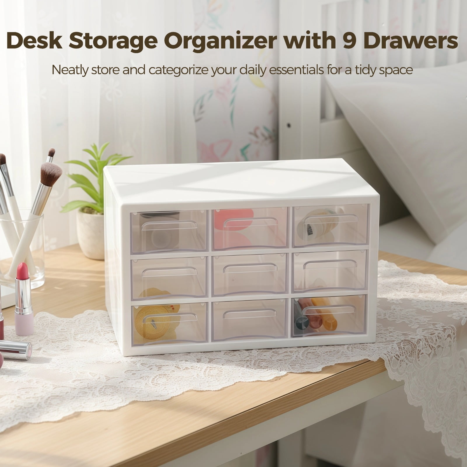 Desk Storage Organizer with 9 Drawers, Clear Dustproof Desktop Drawer Organizer, Wall Mounted Storage Caddy for Makeup, Jewelry, Accessories, Crafts, 9.8x6.3x6.1"