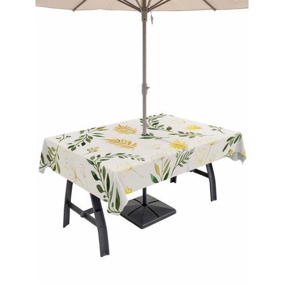 52x70 Inch Outdoor Tablecloth with Umbrella Hole Zipper Rectangle Yellow Green Leaves Rectangular Tablecloths Outside Waterproof Farmhouse Botanical Vintage Patio Table Cloth Cover for Picnic Party