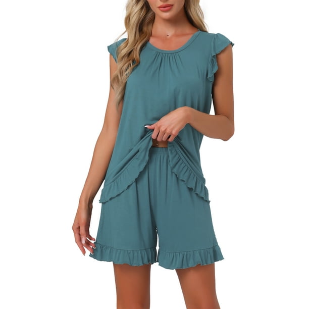 INSPIRAR CHIC Conjuntos de Pijamas de Dos Piezas para Mujeres con Mangas de Volantes y Pantalones Cortos 3XL Verde Pavo Real