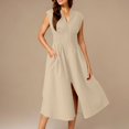 thumbnail image 4 of Ailaofu Women's Solid Color Fold V Neck Front Zip Elegant Comfort Midi Dress with Functional Pockets, 4 of 7
