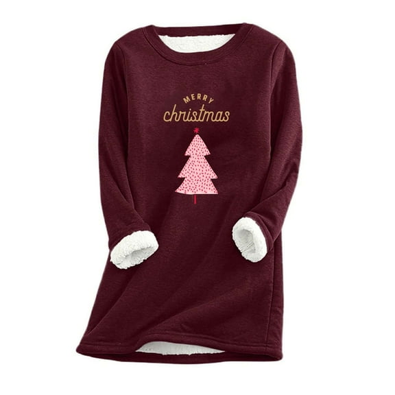 Women's Long Sleeve Fleece Tops Plus Size Round Neck Casual Sweatshirt Winter Loose Featival Printed Pullover