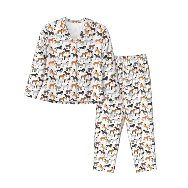 Fotbe Horse Conjunto de Pijama de Manga Larga para Mujer con Estampado, Ropa de Dormir de 2 Piezas, Conjunto de Casa Suave y Cómodo con Bolsillos-Small
