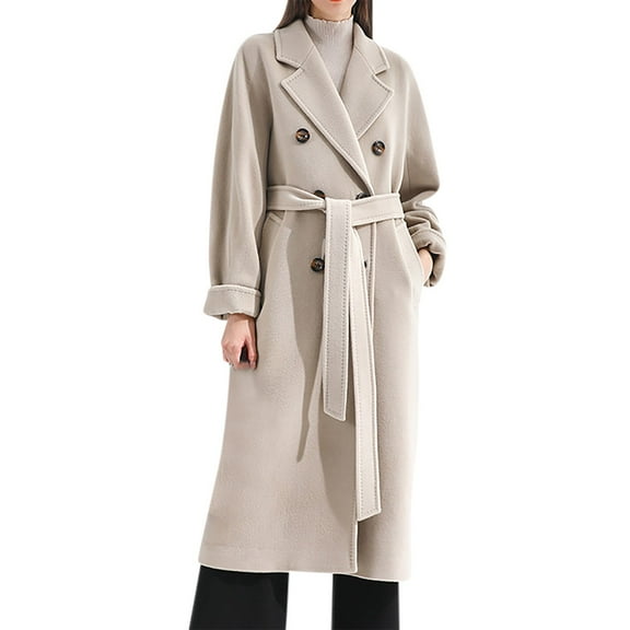 Baberdicy Woolen Coat Womens Fit Mid Long Double Breasted Coat Lapel Jacket Overcoat Outwear Trench Windbreaker Women's Wool & Blends Beige