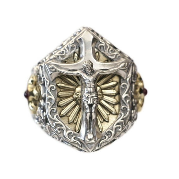 925 Sterling Silver Jesus Christ Cross Brass Shield Ring TA462 US Size 10