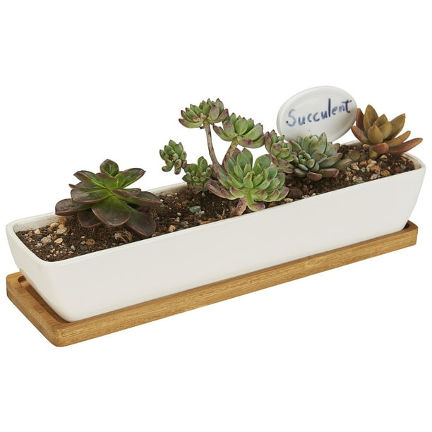FLOWERPLUS Planter Pot Indoor, 11 Inch Long Rectangle White Ceramic