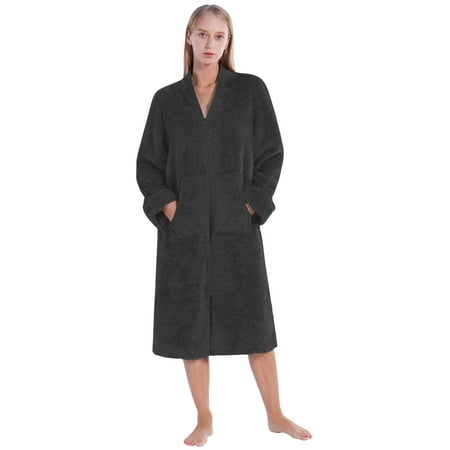 

Valcatch Bath Robes for Women V Neck Long Sleeve Flannel Zip Bathrobe with Pockets Warm Pajamas