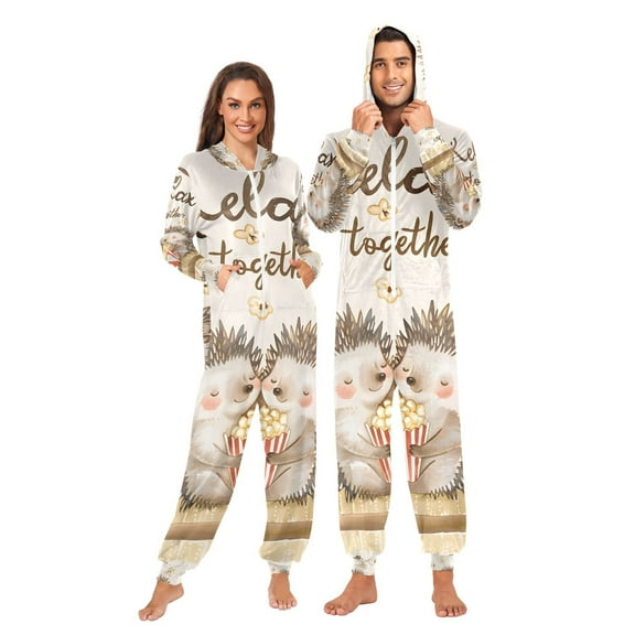Hedgehogs Popcorn Adult Onesie Pajamas Slim Fit Christmas One Piece Suit Pjs for Women and Men Hooded Zipper