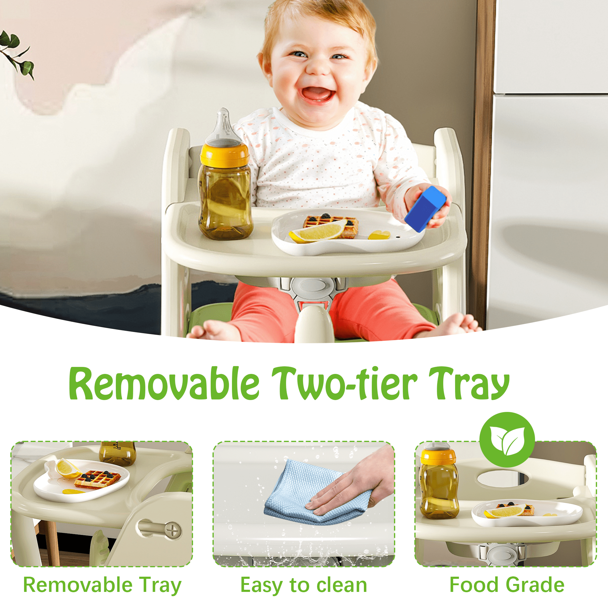 Wohh 3 in 1 Multi Functional Growing Up Dining Chair for Eating, Convertible Baby High Chair Toddler Learning Tower & Step Stool, Adjustable Height with 5-Point Harness, Removable Tray(Green)