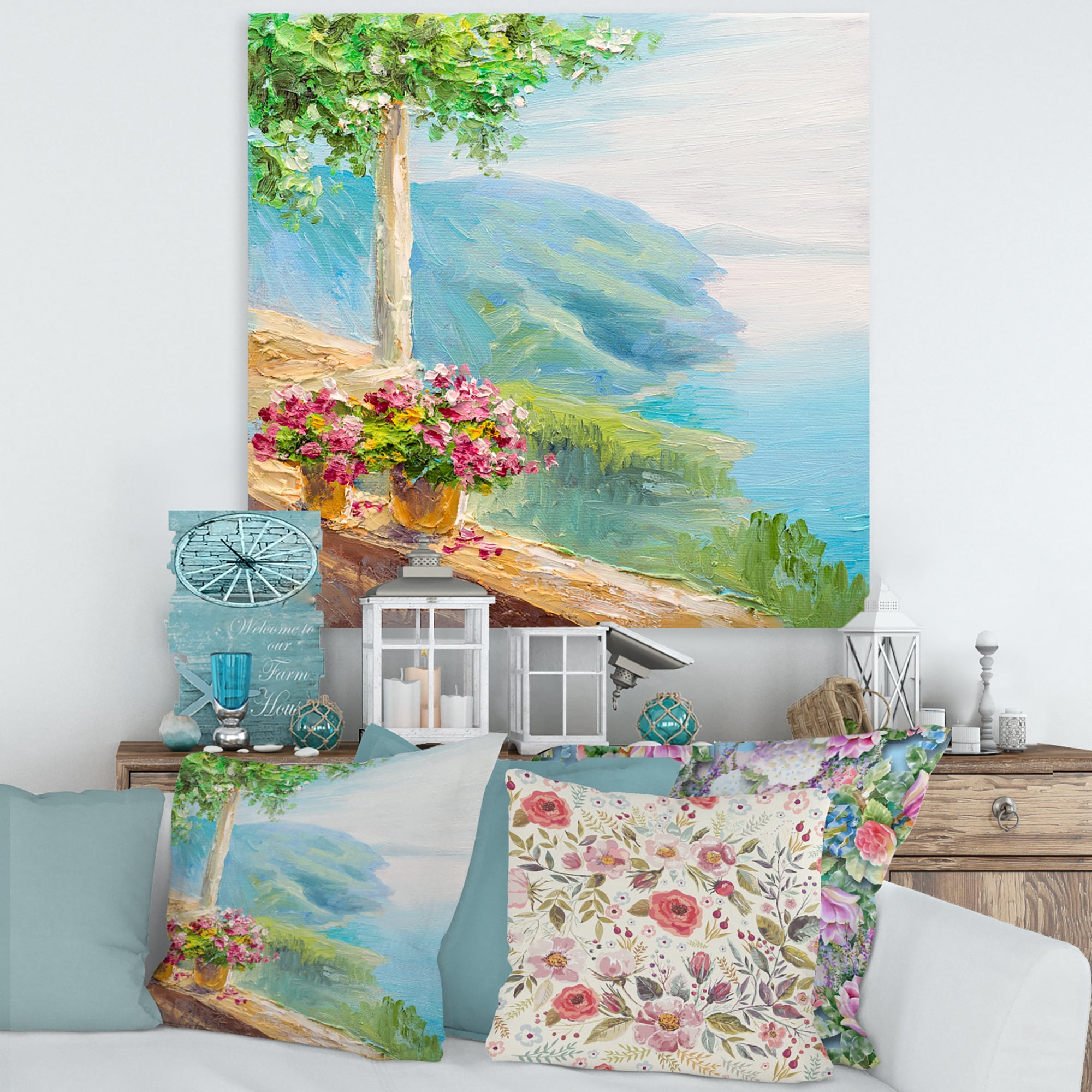 Designart ' House With Colorful Flowers Near The Sea V ' Nautical & Coastal Canvas Wall Art Print