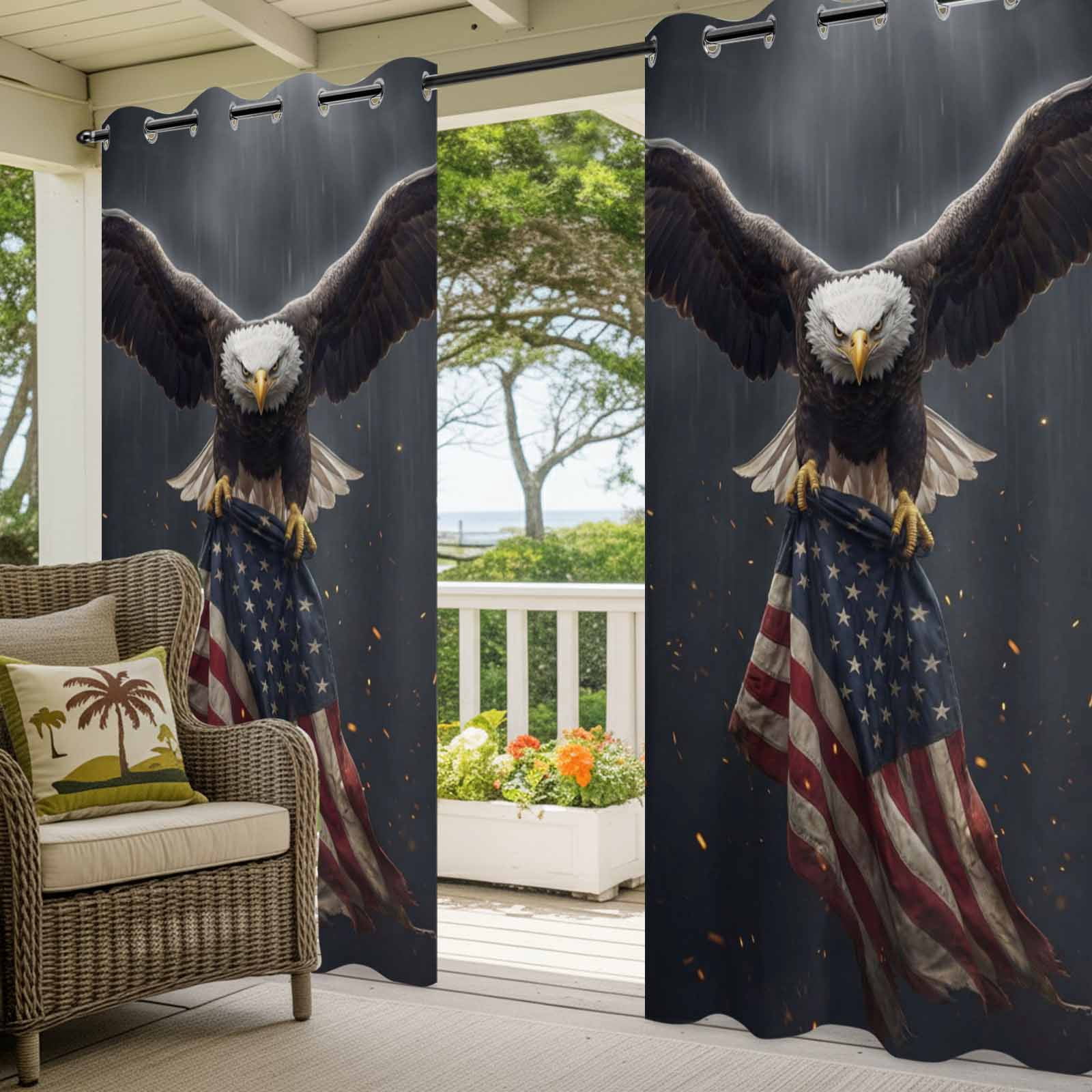 Independence Day Bald Eagle Outdoor Curtains for Patio, Patriotic Red Stripe Blue Star American Flag Sunshade Privacy Drapes Grommet Waterproof Outside Curtains for Porch Balcony 54"x108", 2 Panel