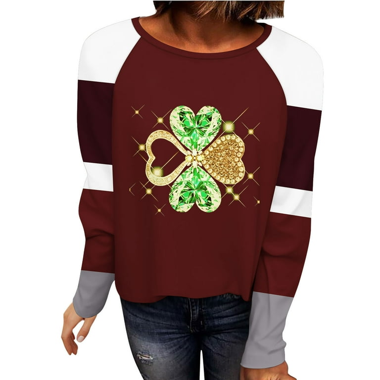 St. Patrick's Day Shirt For Women - Plaid Leopard Shamrock Graphic, Long Sleeve, Green