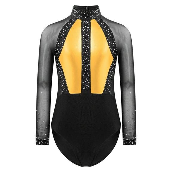 TiaoBug Leotard for Girls Shiny Color Block Long Sleeve Gymnastic Athletic Bodysuit Dancewear Gold 16
