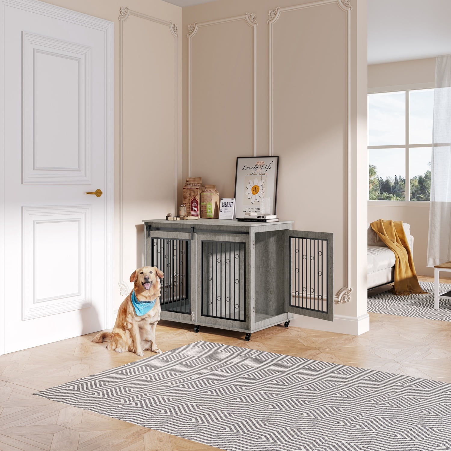 Mulinsonfly 47" Wooden Dog Crate Furniture with Sliding Barn Door, Flip-Top Lid, Lockable Wheels & Removable Divider, Indoor Dog Kennel Table for Small, Medium, Large Breeds