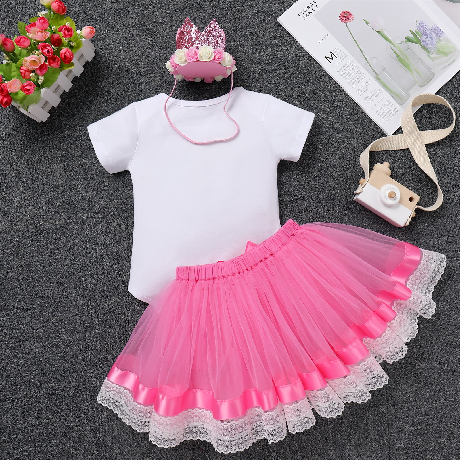 IBTOM CASTLE Infant Baby Girl One Year Old Birthday Outfit Floral Lace Party Cake Smash Romper + Tutu Skirt + Crown Clothes Set for Photo Shoot 1 Year Hot Pink - Lace