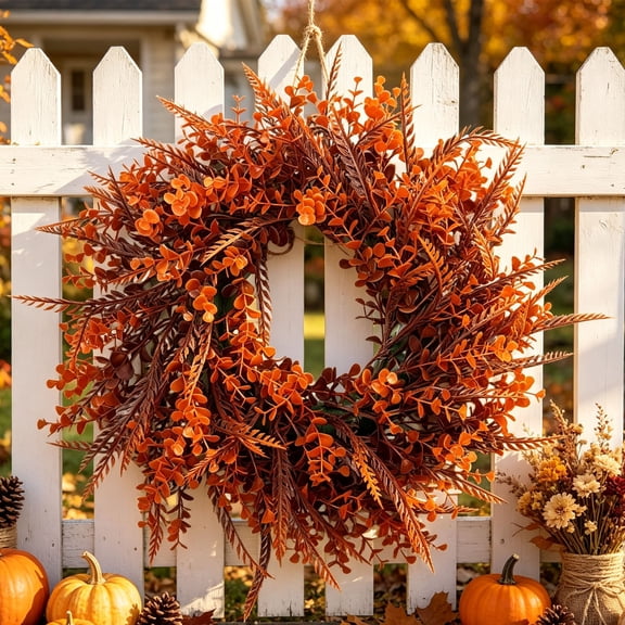 BiFandian Artificial Fall Wreath, 16 Inch Orange Style Leaf Fern Door Hanging, Halloween Thanksgiving Home Decor, Halloween Decorations Indoor Outdoor for Wall, Window, Porch Gift Display