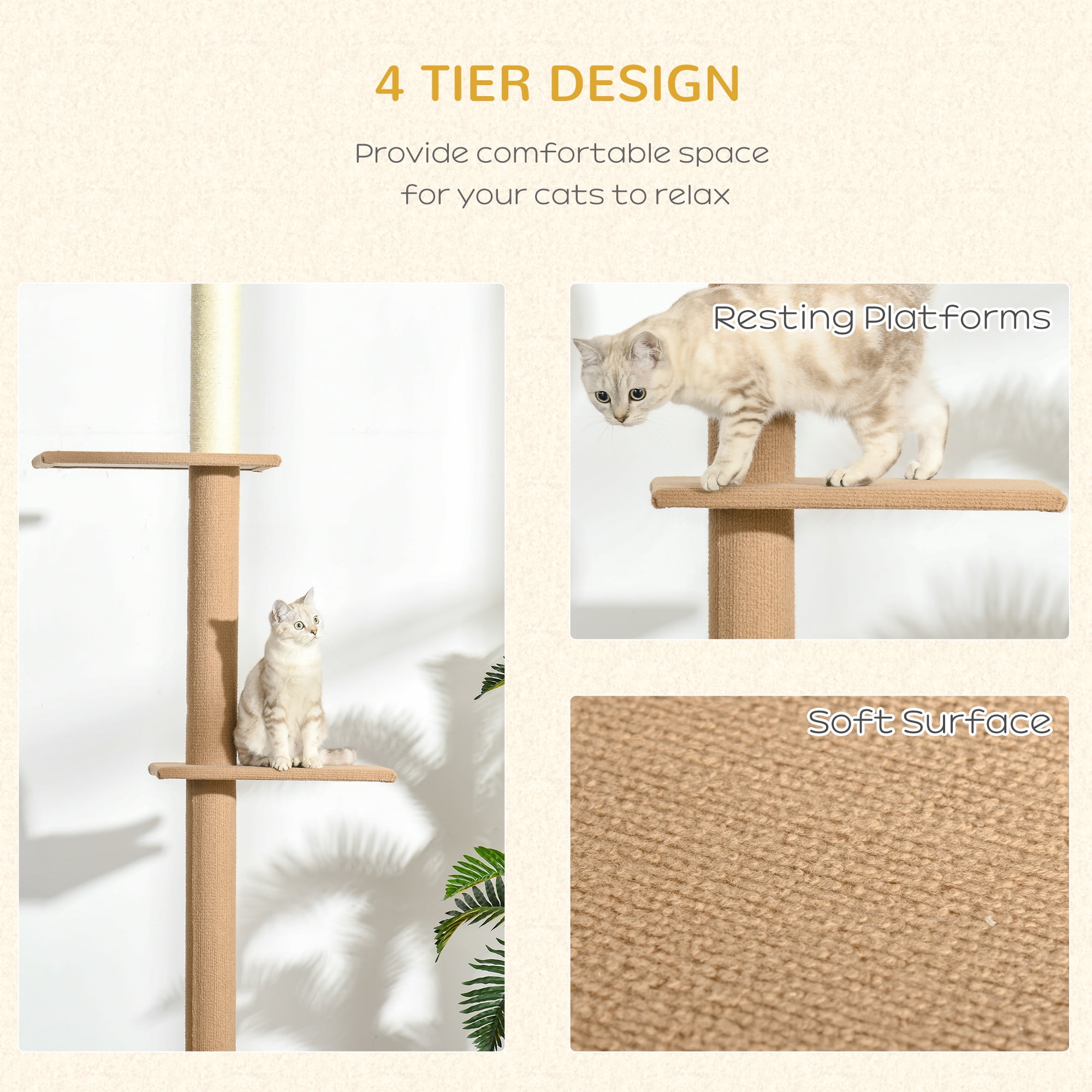 PawHut 89"-102" Floor to Ceiling Cat Tree Cat Climbing Tower, Light brown