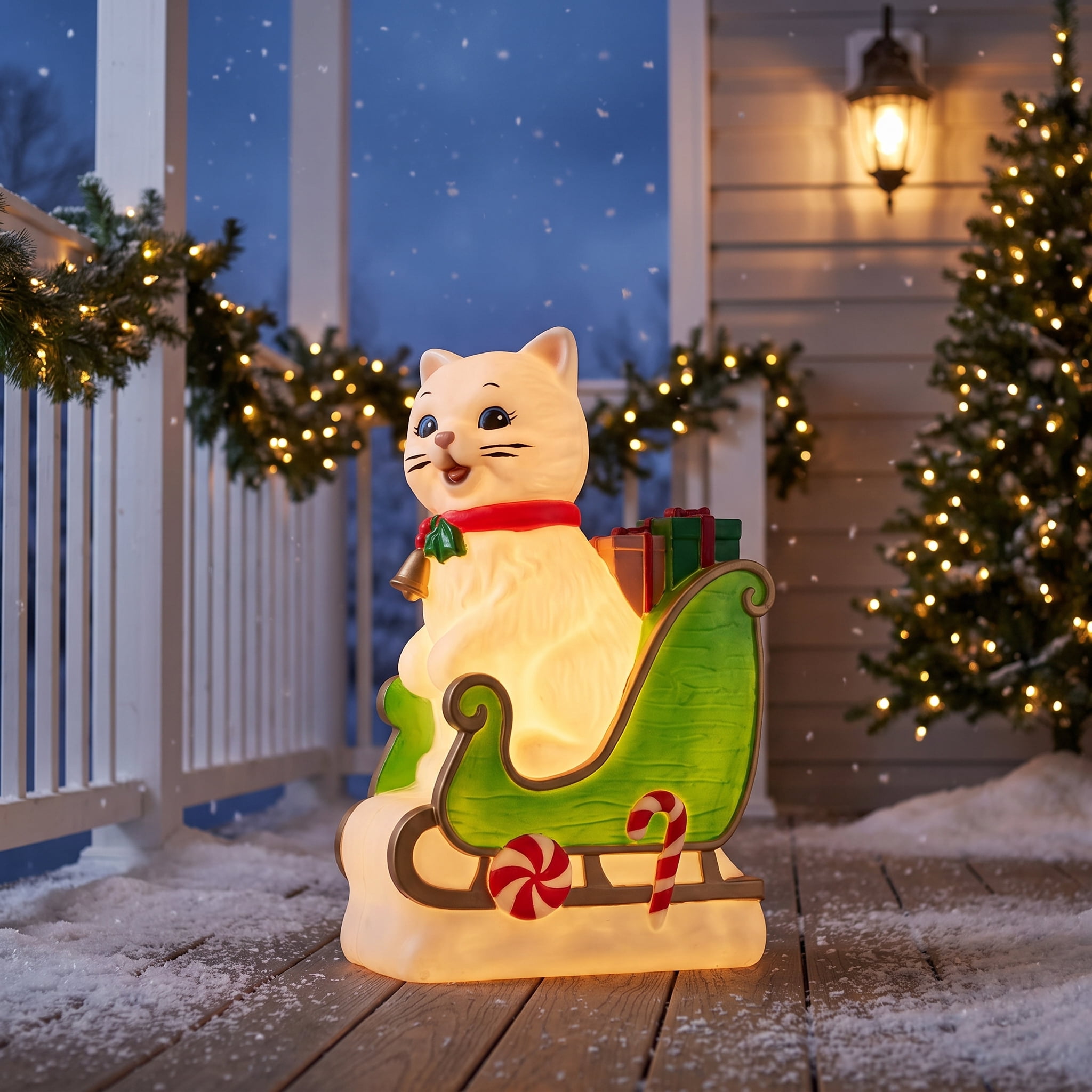 Holiday Time Lighted Blow Mold Cat in Sleigh Christmas Decoration photo 2
