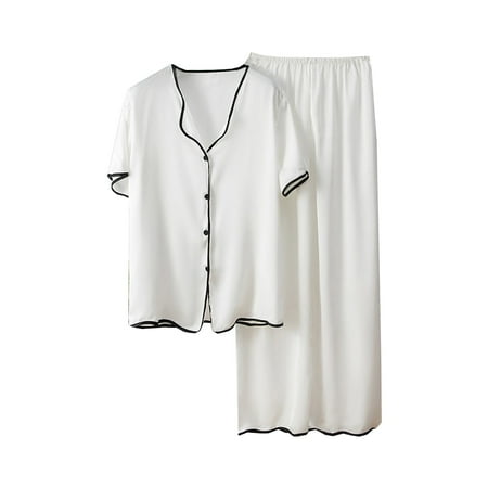 

Women Pajamas Set Button Down Solid Color Sleepwear Short Sleeve Nightwear with Long Pants Soft Pjs Set Homewear