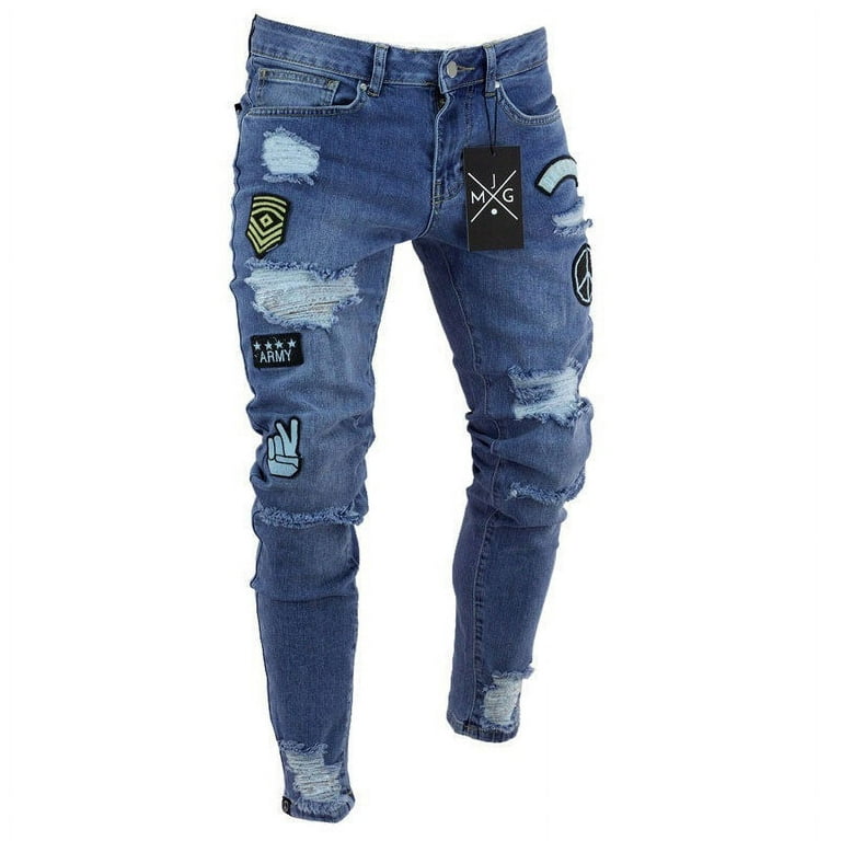 High Quality Biker Jeans Men With Graffiti Pattern And Damaged Hole Blue/ Purple Street Denim Slim Fit Stretch Ripped Pants By Brand With Tags From  Amoyoutfit, $51.52