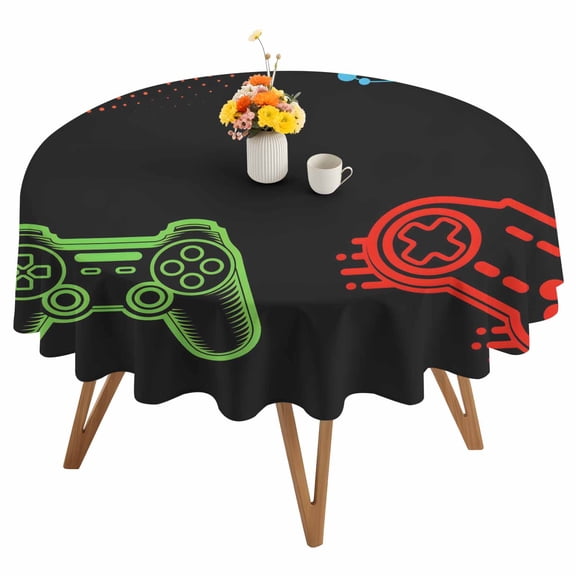 Round Tablecloth Black Video Game Themed Waterproof Oil Proof Polyester Table Cloth Cover Decor for Home Dining Outdoor,Patio,Parties, 54" Dia. Gamer Game Controller Lines