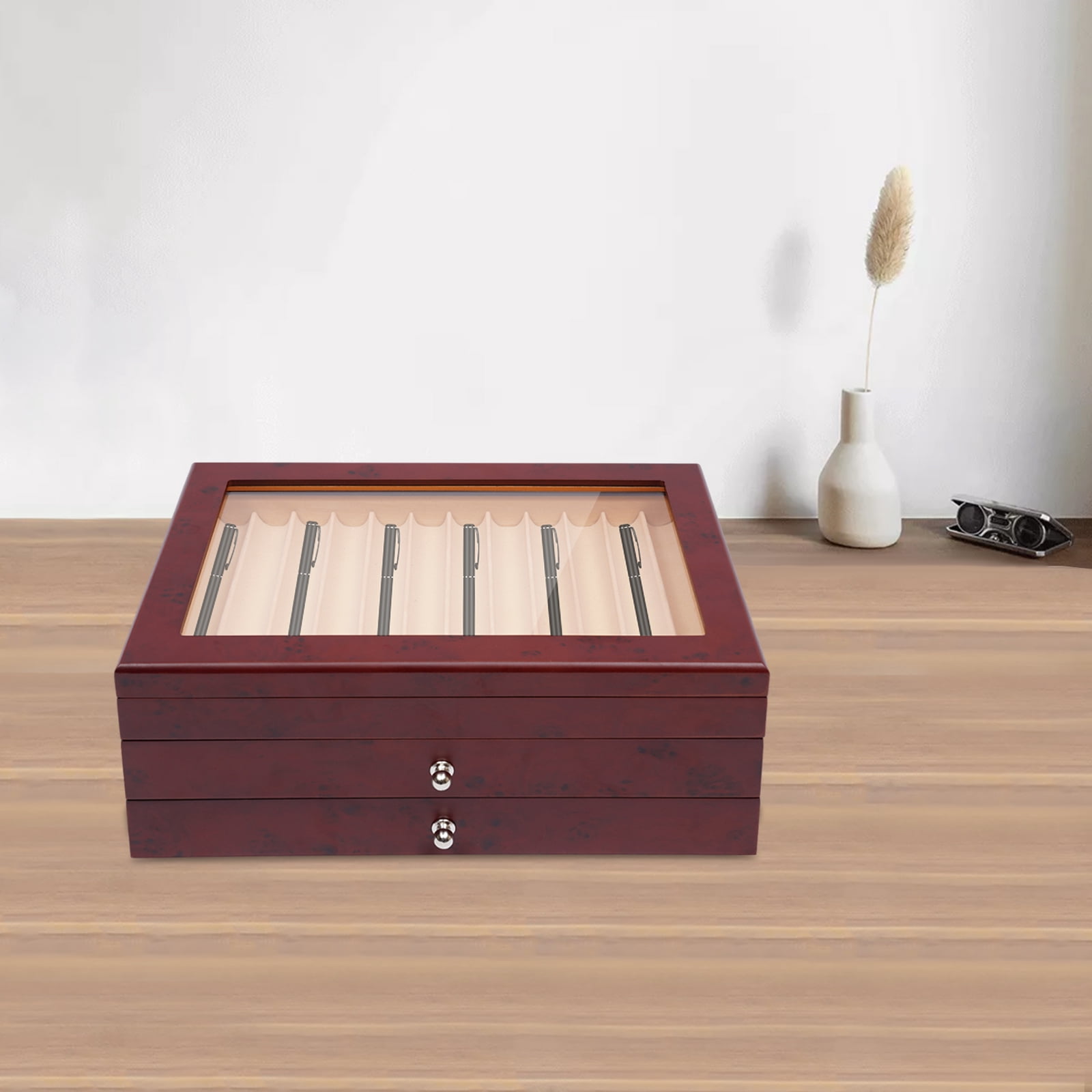 High-Quality Pen Box with 34 Compartments, Velvet Lining, Rosewood and MDF, Large Capacity, Retro Design, Ideal Gift for Pen Collectors