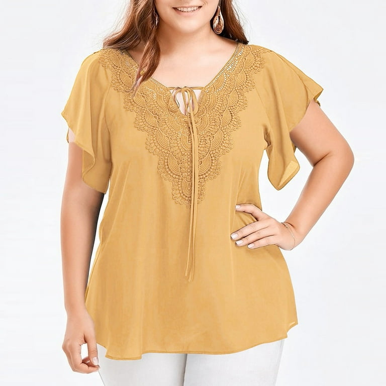 Bigersell Sleep Shirts for Women Casual V-Neck Solid Print Lace Short  Sleeve T-Shirt Summer Plus Size Tops Regular Tunic Round Neck Short Sleeve  Tunic Tops Style B22945, Yellow 4XL 