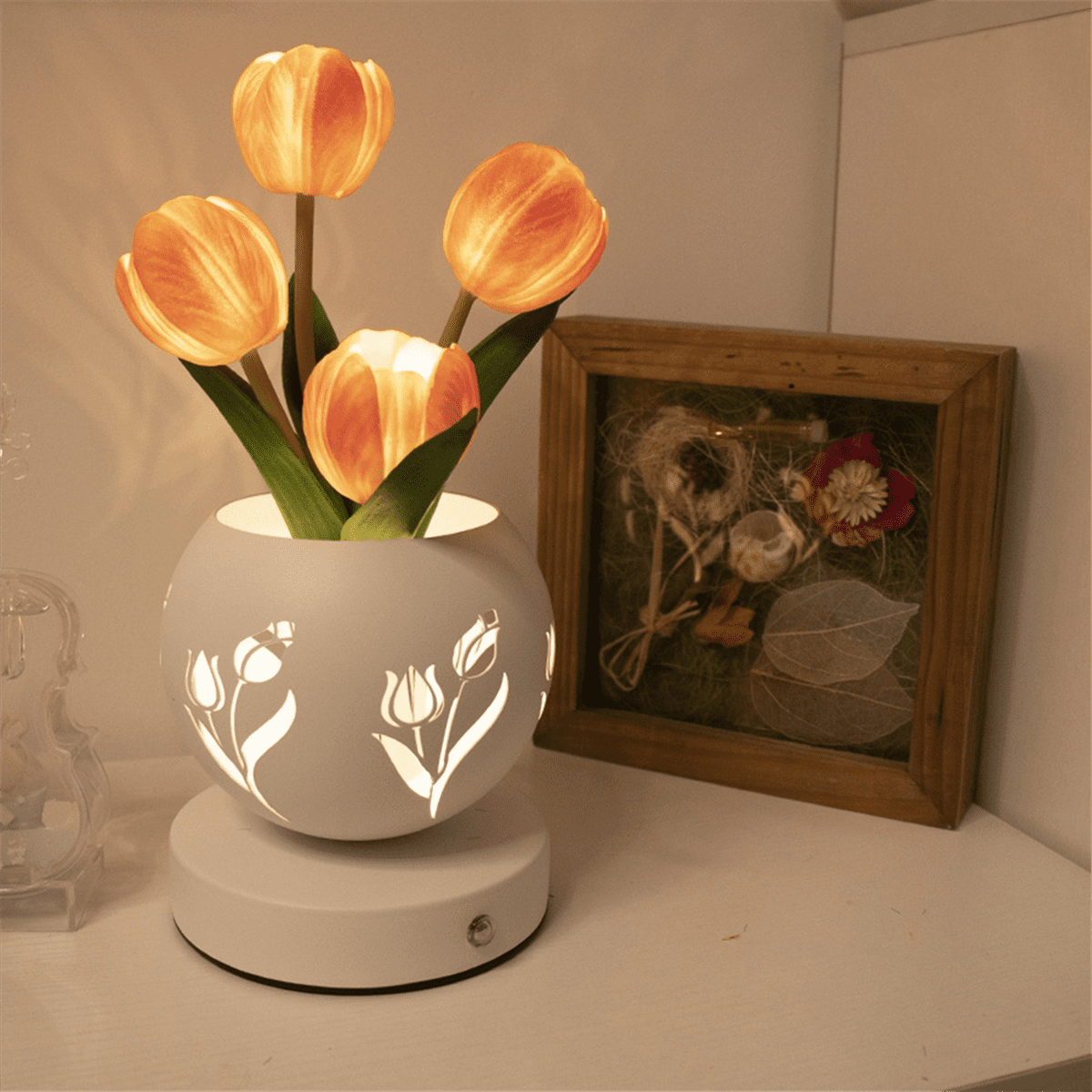 Tulip Night Light Artificial Flower Desk Lamp with Cut-Out Vase USB Charging 3 Color Stepless Dimmin Orange&White PU+Iron Art