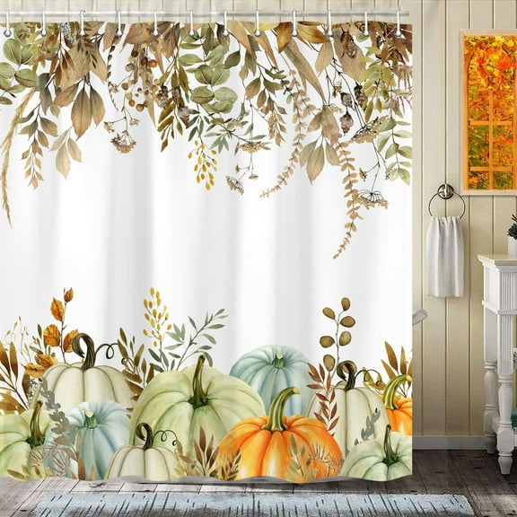 Fall Pumpkin Shower Curtain, Watercolor Autumn Pumpkins Leaves Shower Curtains for Bathroom, Farmhouse Thanksgiving Fabric Bathtubs Decor with Hooks, 70X72IN