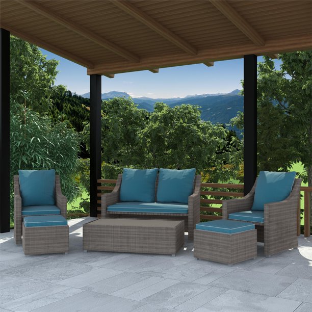 Cosco Outdoor 6 Piece Patio Outdoor Set Multifunctional Ottomans Tables Gray Wicker Teal Blue Cushions Walmart Com Walmart Com
