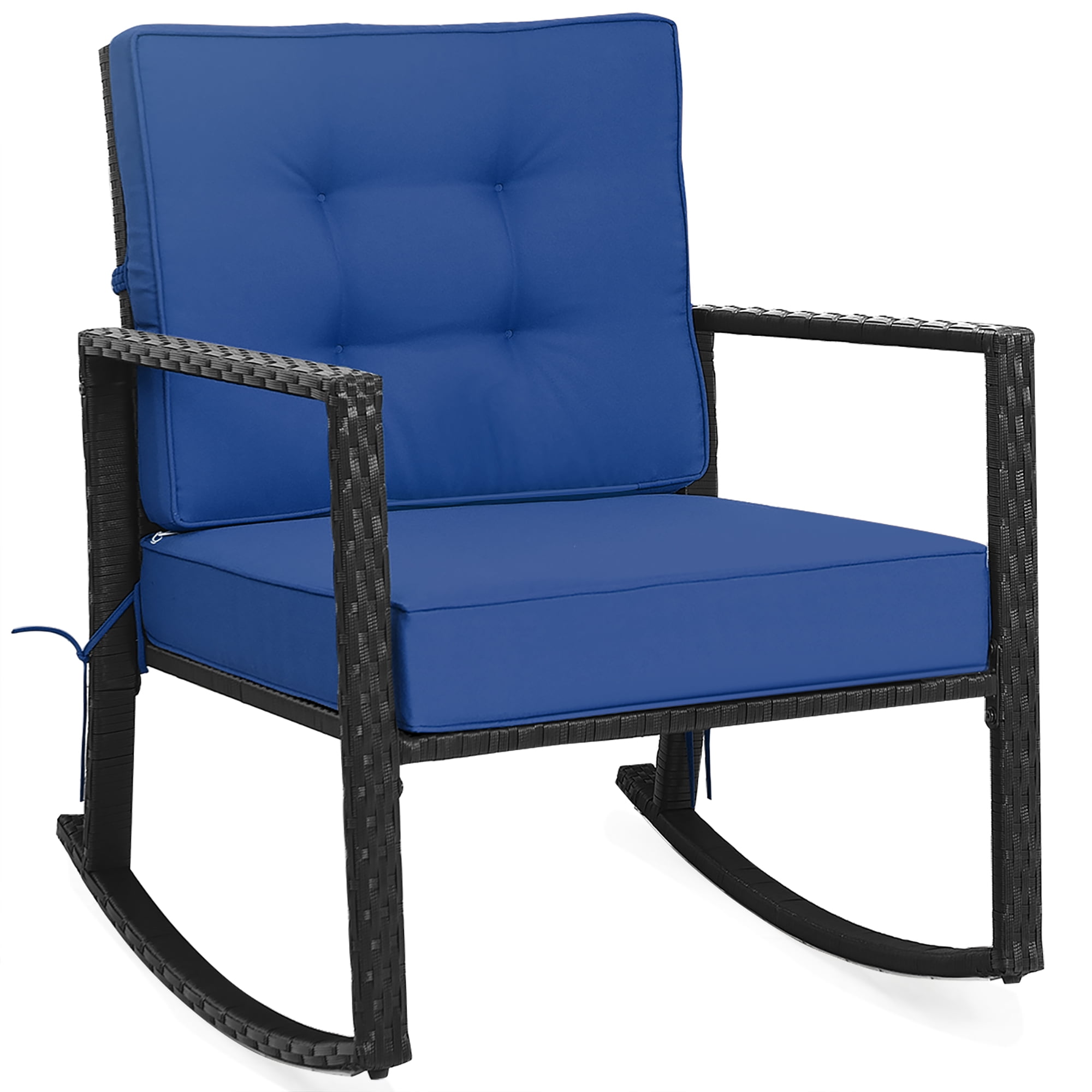 Costway Patio Rattan Rocker Chair Outdoor Glider Rocking Chair Cushion Lawn Navy