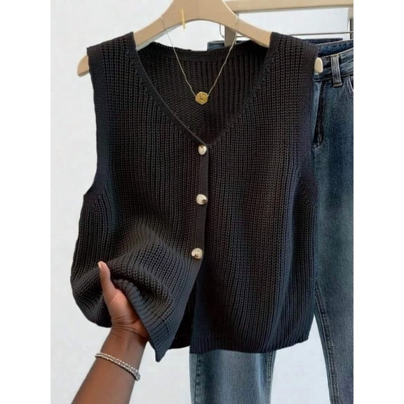 Women's Versatile V-Neck Knit Vest, Spring/Summer Fashion Piece, Button Front Sleeveless Cardigan Knitwear Top Black Fall