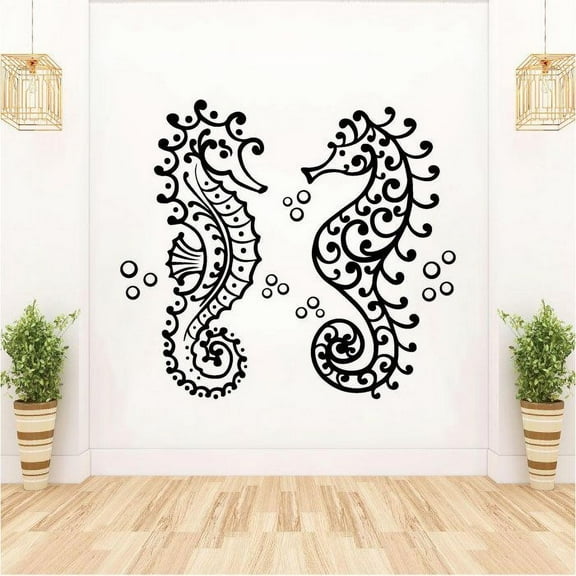 Seahorse Seahorses Cute Underwater Silhouette Drawing Cartoon Vinyl Wall Decal Wall Sticker Wall Art Home Decoration Fun Home Decoration For Girls Boys Kids Room House Décor Size (40x40 inch)