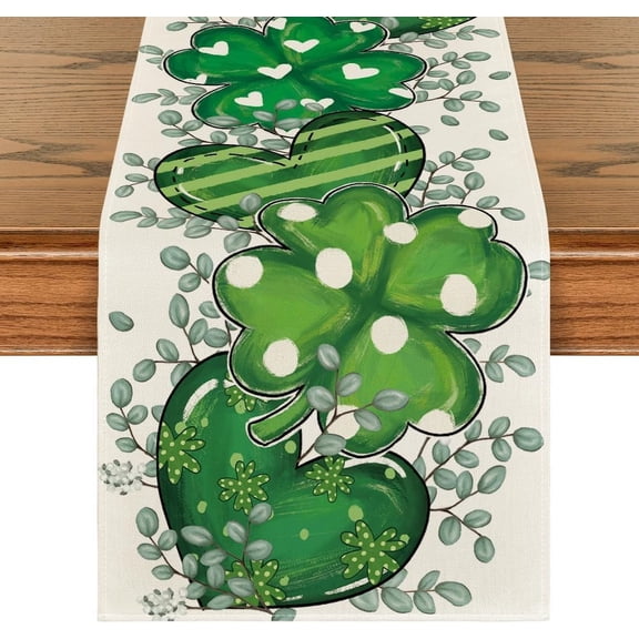 mubwai Shamrock Eucalyptus Heart St. Patrick''s Day Table Runner,Seasonal Spring Kitchen Dining Table Decoration for Home Party Decor 13x108 Inch