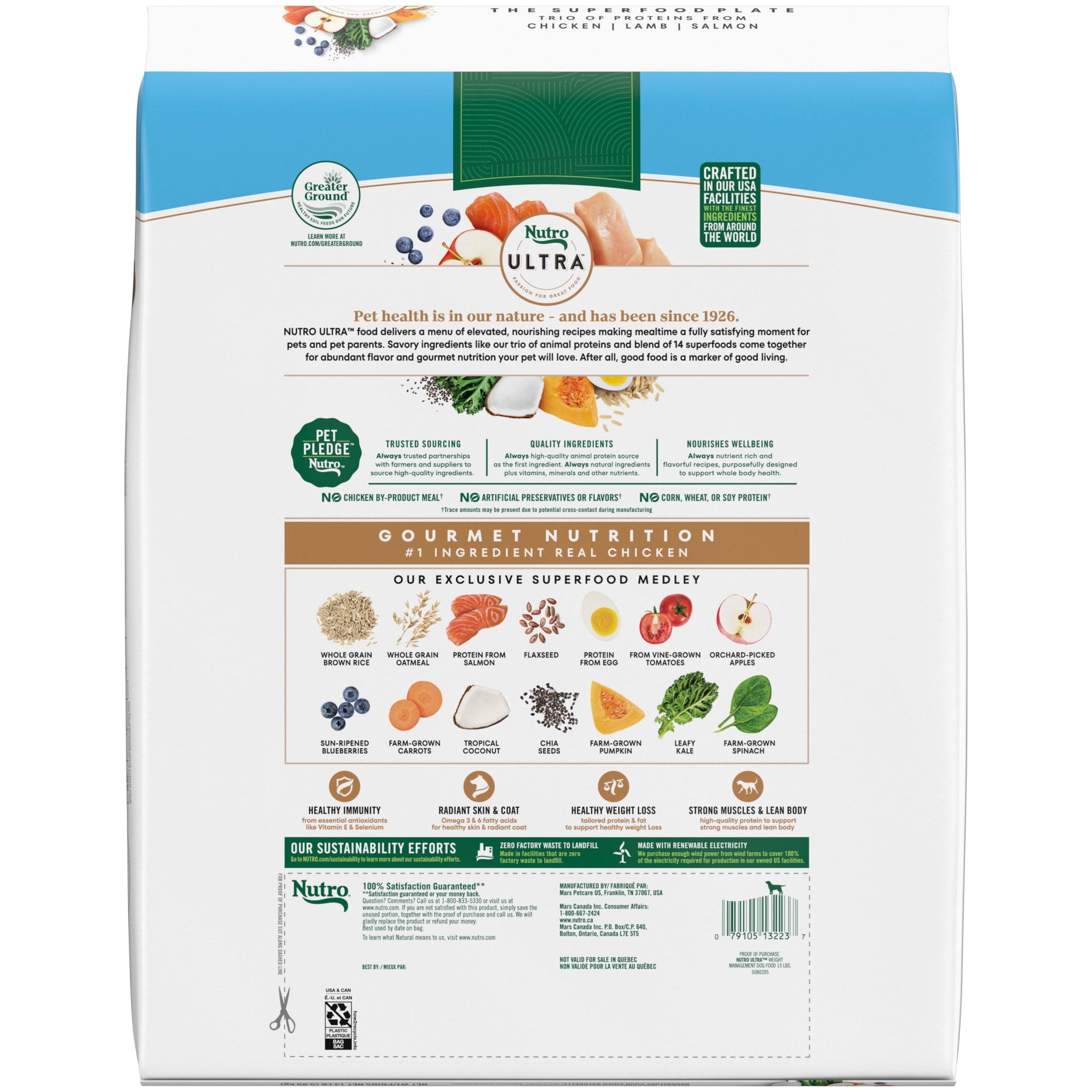 Nutro Ultra Adult Weight Management Dry Dog Food, Chicken, Lamb and Salmon Protein Trio, 13 lb Bag