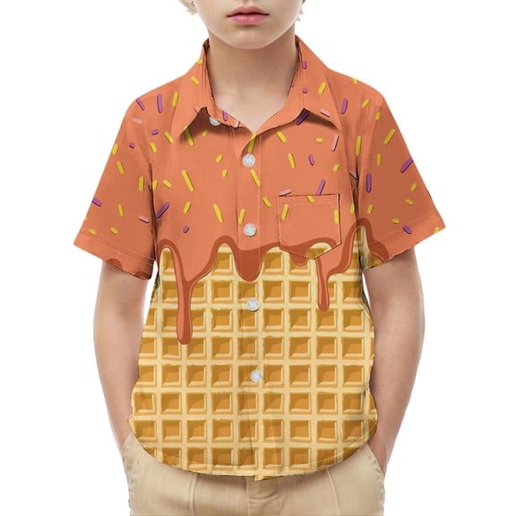 MGDXOX Kids Short Sleeve Ice Cream Print Button Down Shirts Lightweight Breathable Fabric Spring Summer Fun Casual Wear Orange 2-3 years