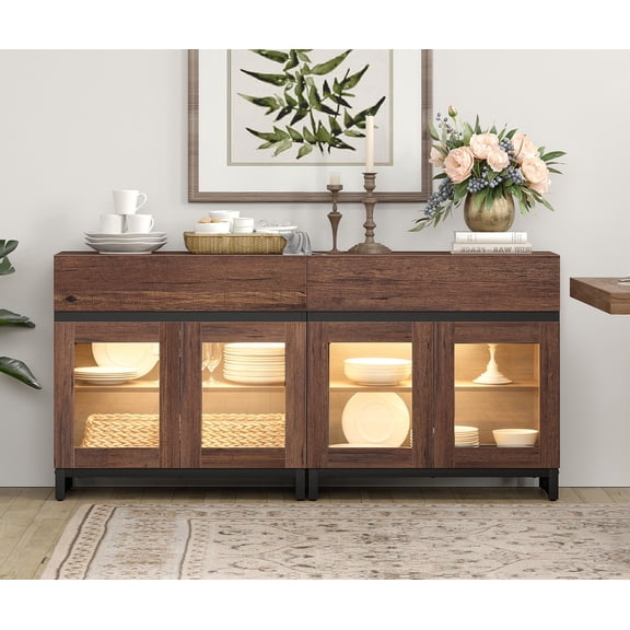 Modern Sideboard Buffet Cabinet with Glass Doors and Adjustable Shelf Coffee Bar Storage Cabinet for Living Room Kitchen,Brown
