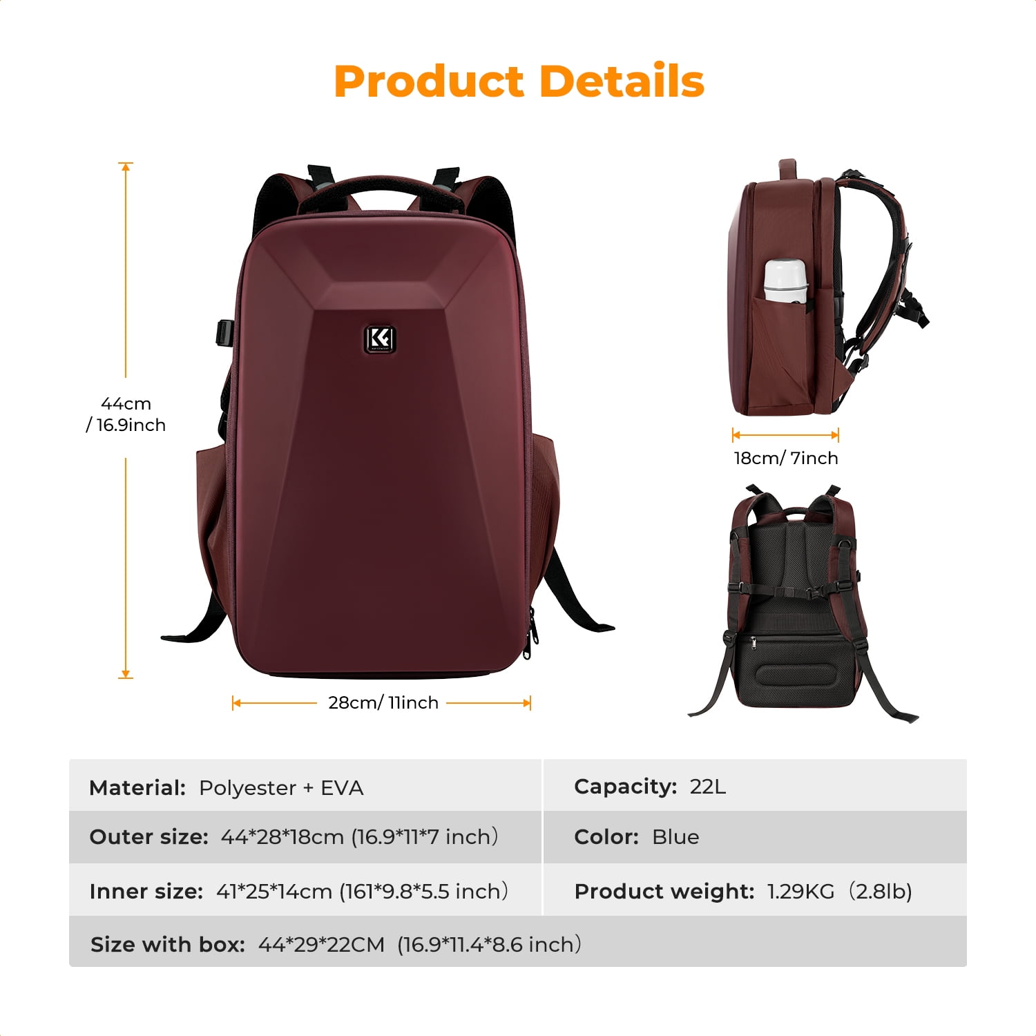 K&F Concept Camera Backpack Hardshell DSLR Photography Camera Bag with 15-15.6 Inch Laptop Compartment Waterproof Camera Case - 22L (Red)