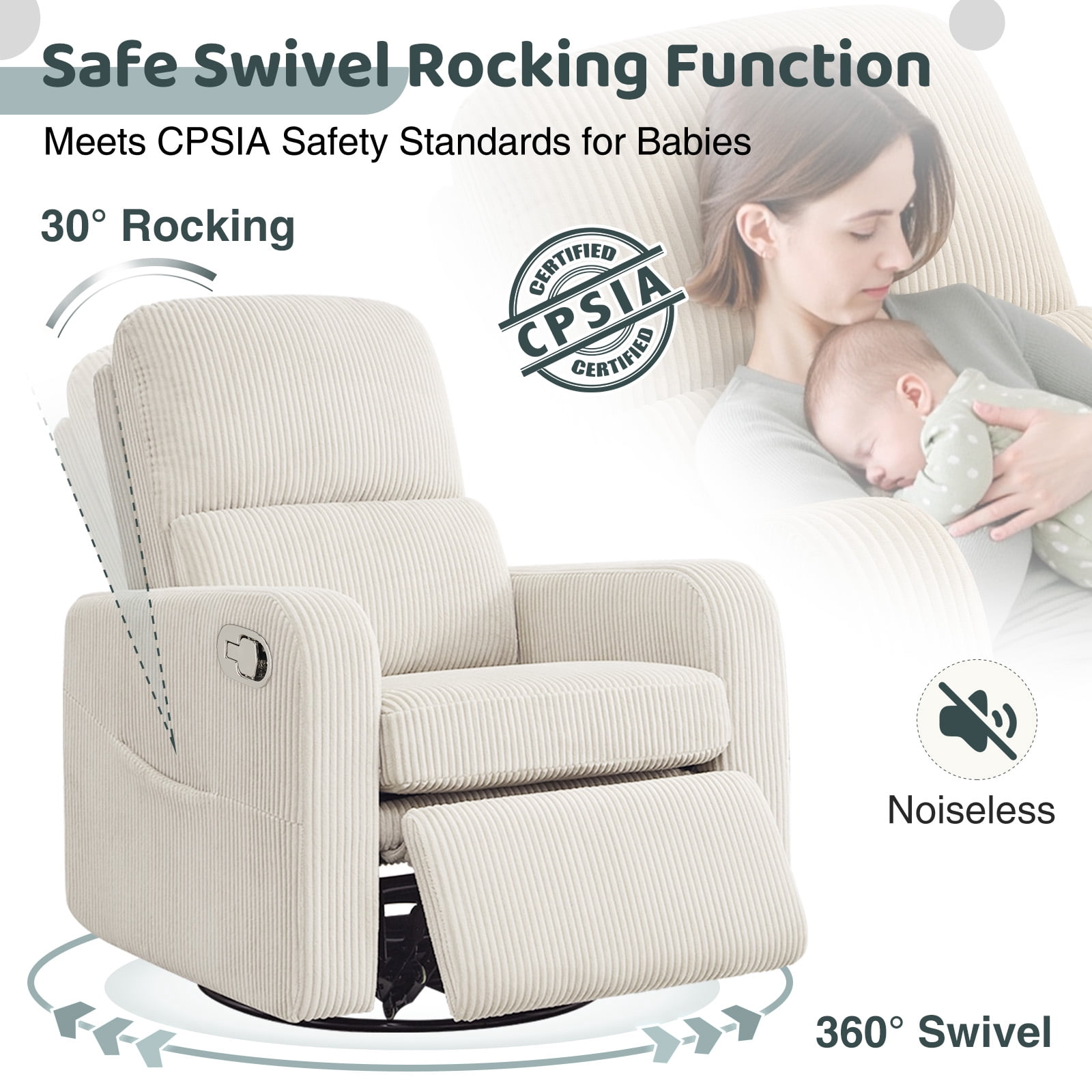 Aemeios Swivel Manual Recliner Chair Corduroy Fabric Nursery Glider Rocker Recliner, White