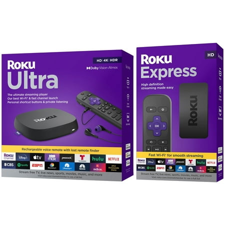 Roku Ultra 4K/HDR/Dolby Vision Streaming Device with Voice Remote Pro and Roku Express HD Bundle