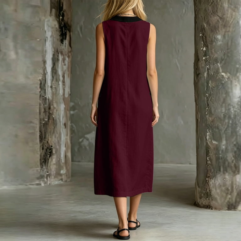 Qulqfy Color Block Womens Summer Dresses 100% Cotton Wedding Guest  Sleeveless Midi Casual Peter Pan Collar Button Down Beach With Pockets  Vacation Sundress Red - Walmart.com