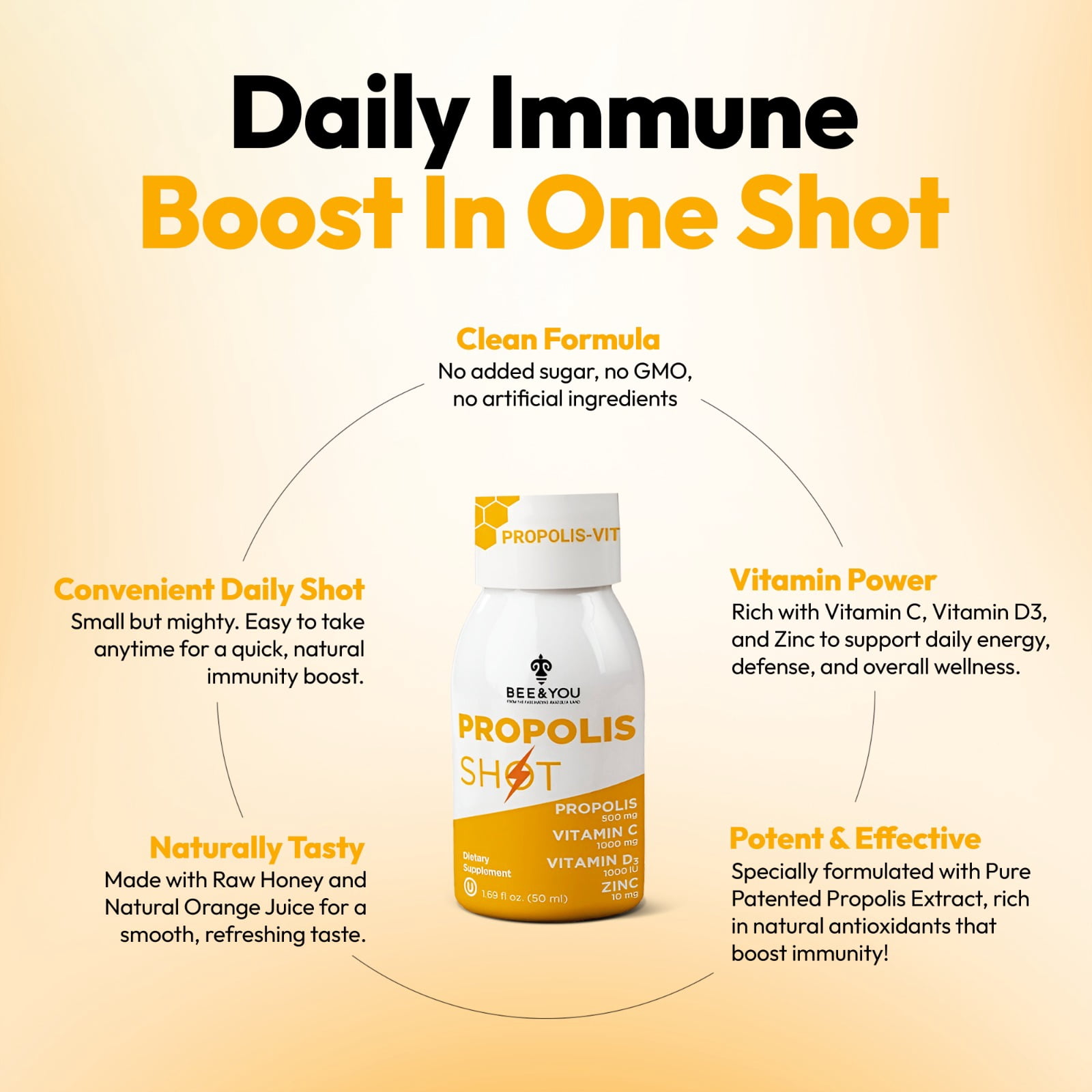 BEE&YOU Propolis Shot, Bee Propolis with Vitamin C D3 Zinc, Anatolian Propolis Extract, Raw Honey & Natural Orange Juice, Non-GMO