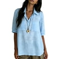 thumbnail image 4 of Babysbule Women's Linen Cotton Blend V-Neck Elbow Sleeve Blouse Button Down Casual Loose Fit Top with Chest Pockets for Spring Summer Daily Office and Vacation Wear, 4 of 7