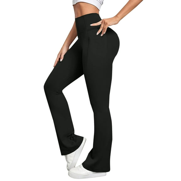 ManxiVoo Women's High Waist Wide Leg Yoga Pants with No Visible Lines Slight Flare and Pockets for Comfortable Yoga and Workout Sessions L Size Black