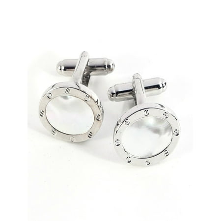 Bey-Berk Rhodium-Plated Oval Cufflinks with Mother of Pearl