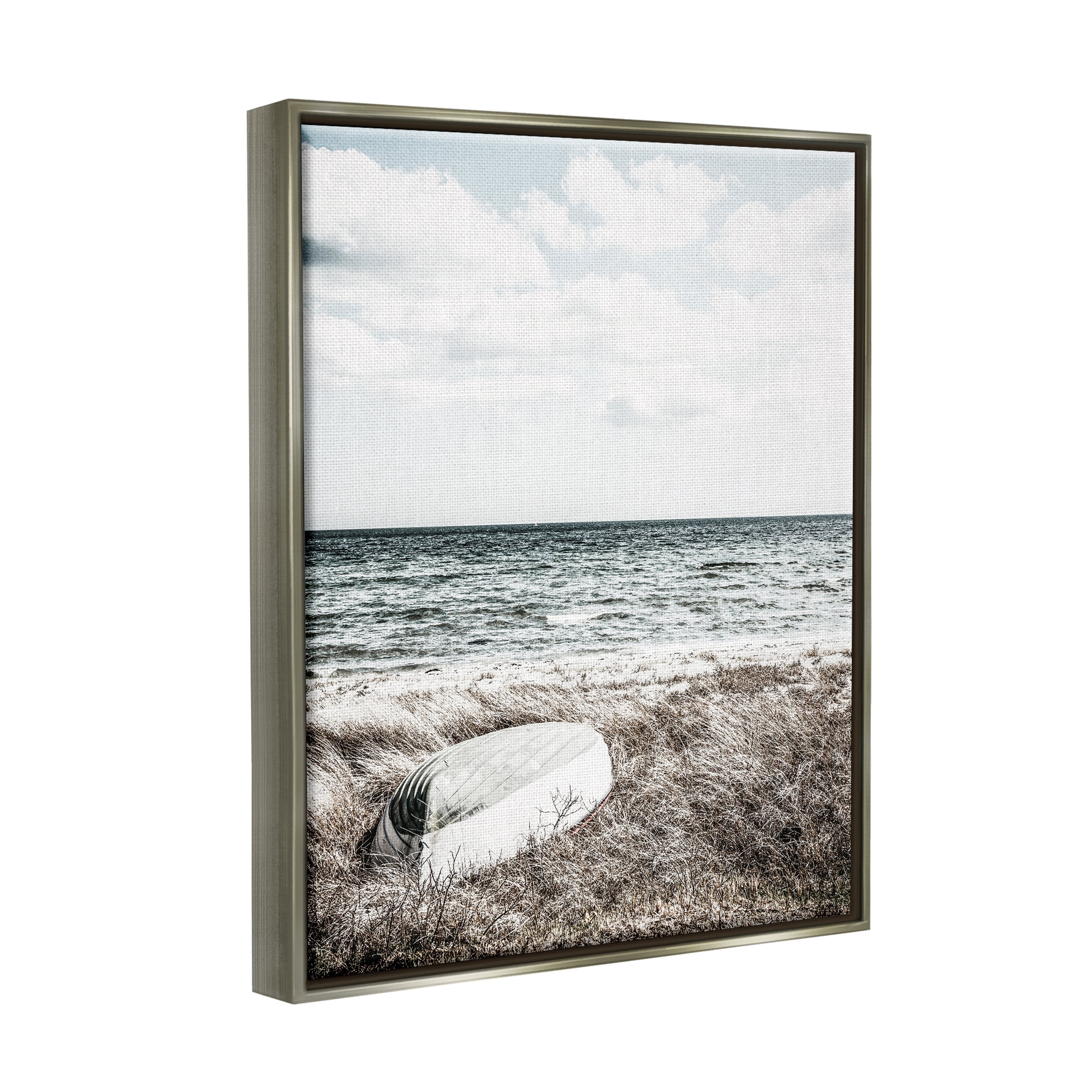 Stupell Industries Boat on Beach Coast Nature Photography Gray Floater Framed Art Print Wall Art, 25 x 31