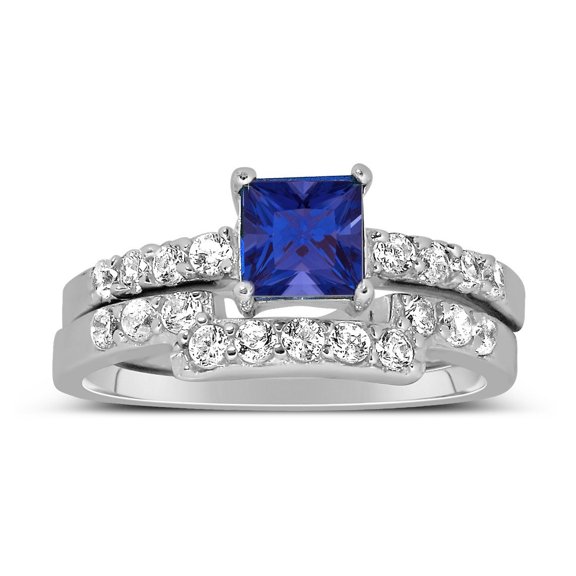 Luxurious 1.75 Carat 6mm Princess Cut Blue Sapphire White Moissanite Diamond Wedding Ring Set in 10k White Gold