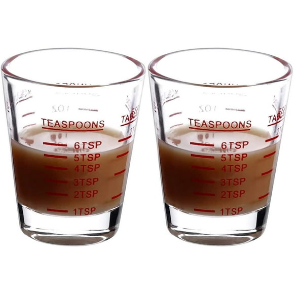 Shot Glass Measure Cup - Acrylic- Incremental Measurements - 1 oz. - 6 tsp. - 2 Tbl. - 30 ml. - Multi Purpose Measuring, Liquid & Dry Ingredients - Kitchen Tool - Red (2)